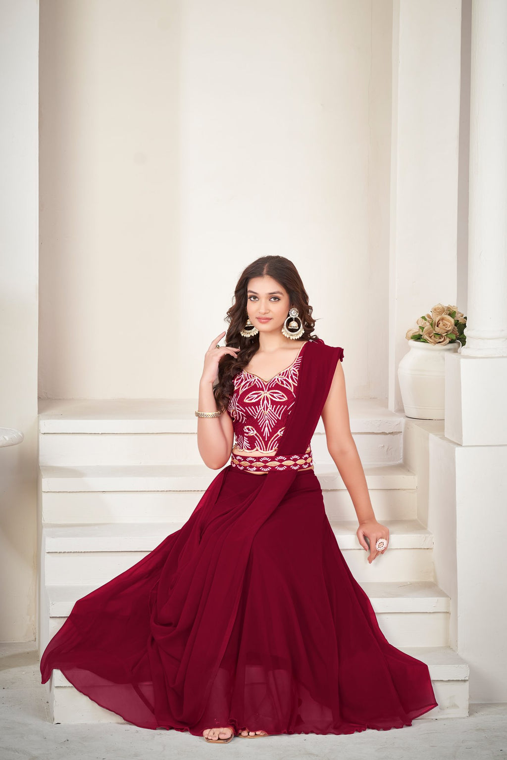 Elegant Wine Red Party Wear Semi-Stitched Georgette Embroidery & Thread Work Lehenga Choli with Designer Blouse
