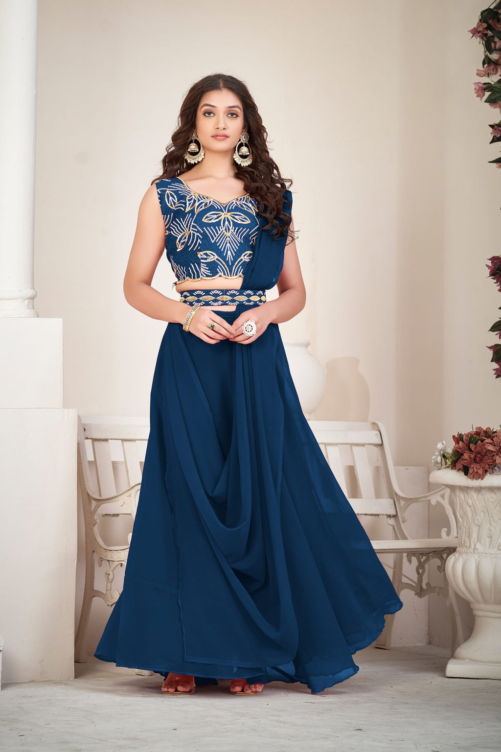 Elegant Rame Party Wear Semi-Stitched Georgette Embroidery & Thread Work Lehenga Choli with Designer Blouse