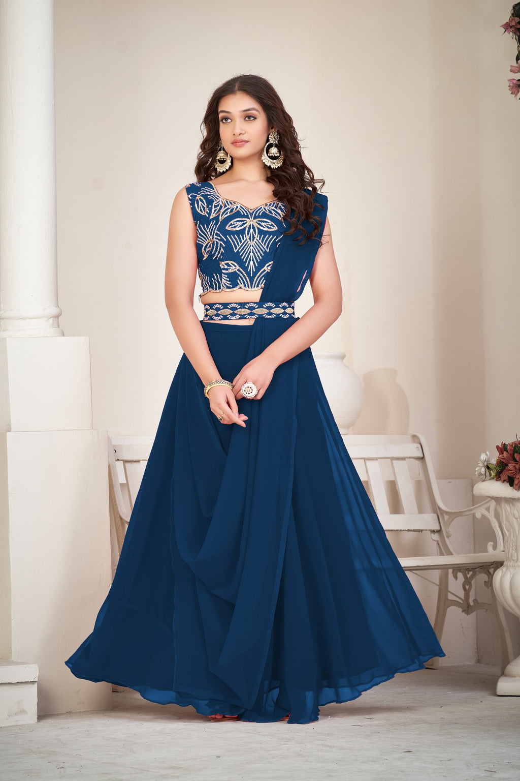 Elegant Rame Party Wear Semi-Stitched Georgette Embroidery & Thread Work Lehenga Choli with Designer Blouse