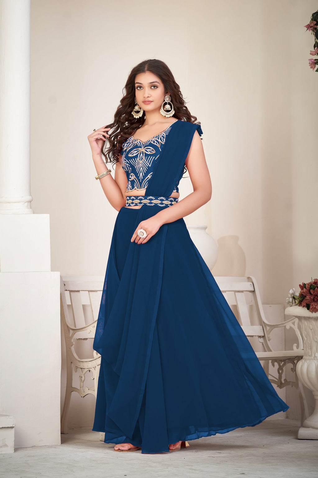 Elegant Rame Party Wear Semi-Stitched Georgette Embroidery & Thread Work Lehenga Choli with Designer Blouse