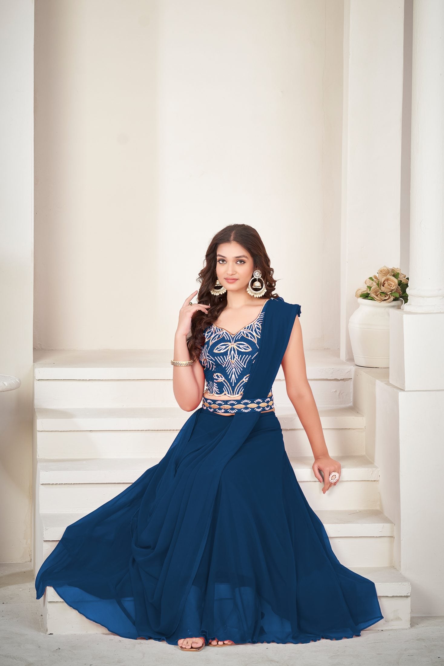 Elegant Rame Party Wear Semi-Stitched Georgette Embroidery & Thread Work Lehenga Choli with Designer Blouse