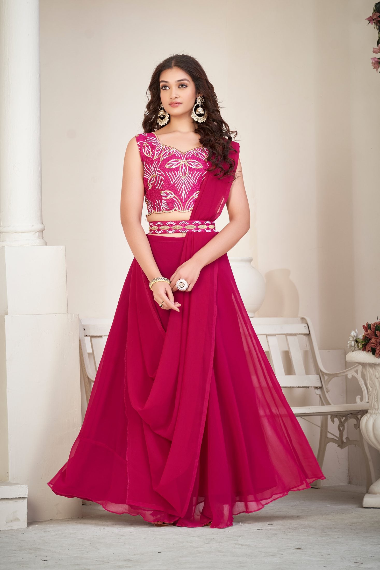 Elegant Pink Party Wear Semi-Stitched Georgette Embroidery & Thread Work Lehenga Choli with Designer Blouse