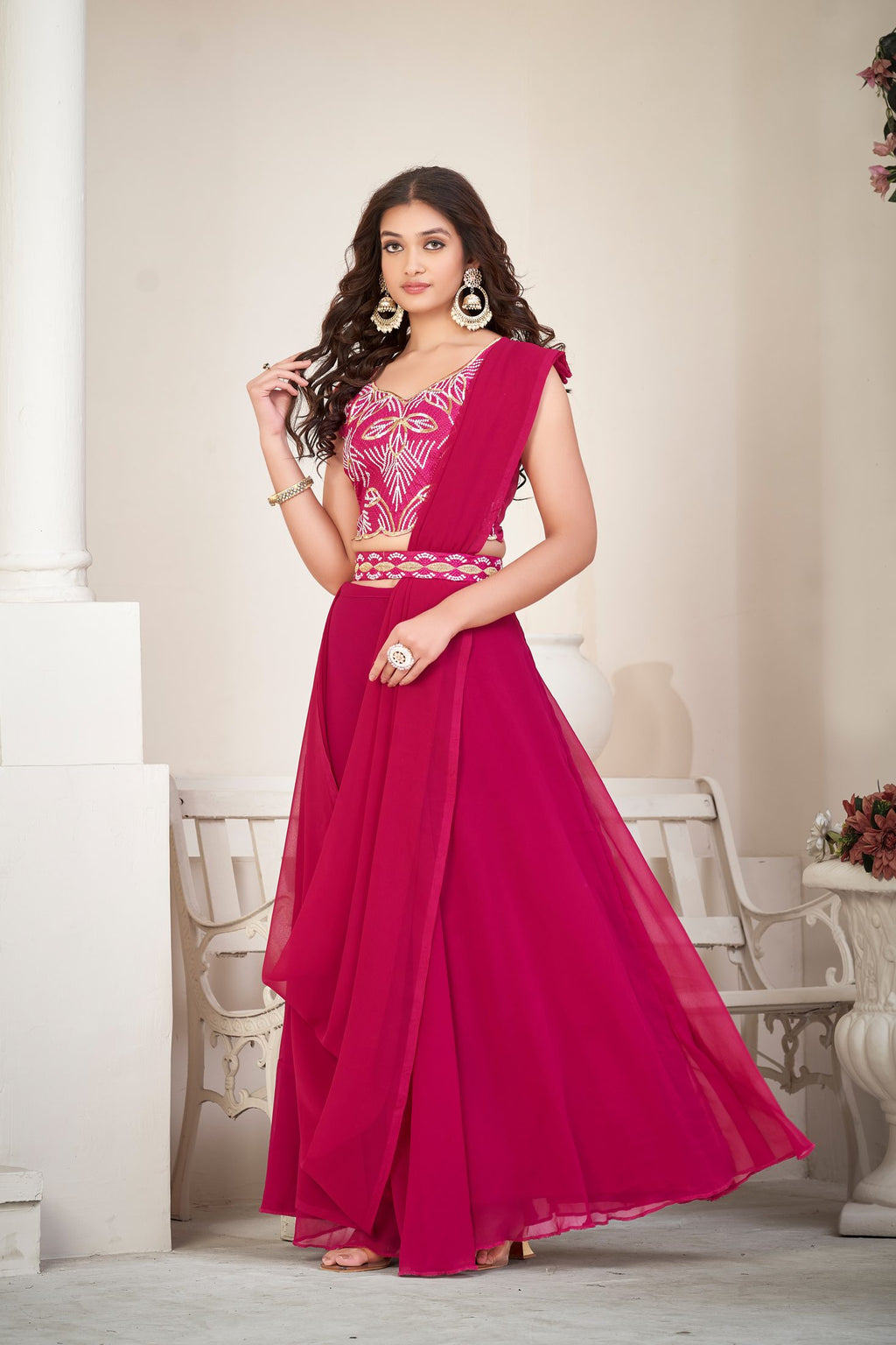 Elegant Pink Party Wear Semi-Stitched Georgette Embroidery & Thread Work Lehenga Choli with Designer Blouse