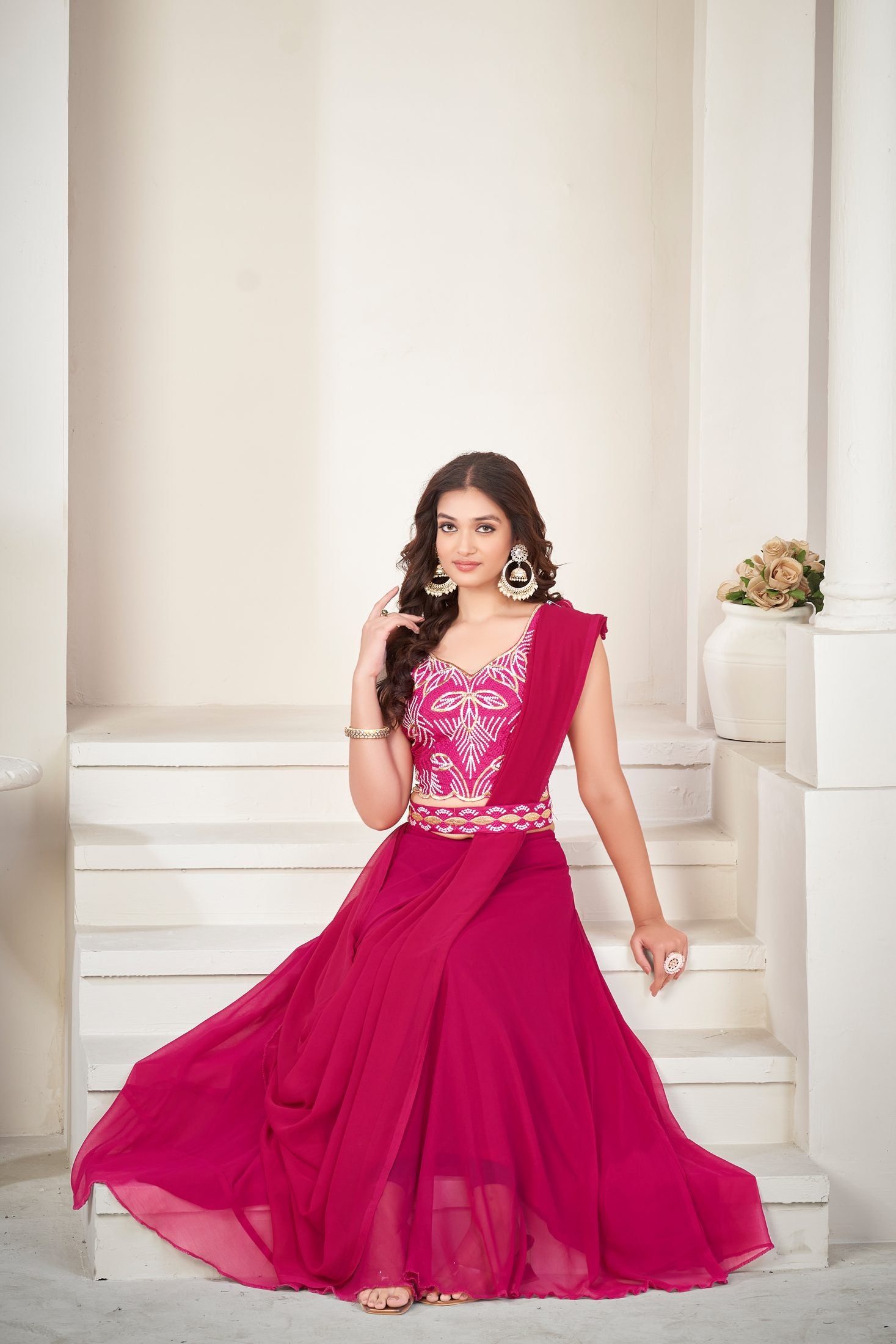 Elegant Pink Party Wear Semi-Stitched Georgette Embroidery & Thread Work Lehenga Choli with Designer Blouse