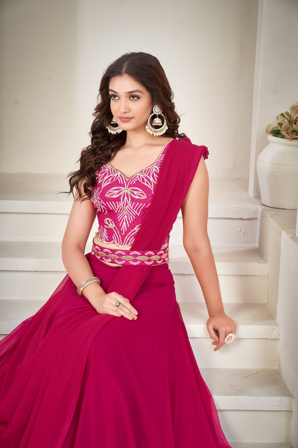 Elegant Pink Party Wear Semi-Stitched Georgette Embroidery & Thread Work Lehenga Choli with Designer Blouse