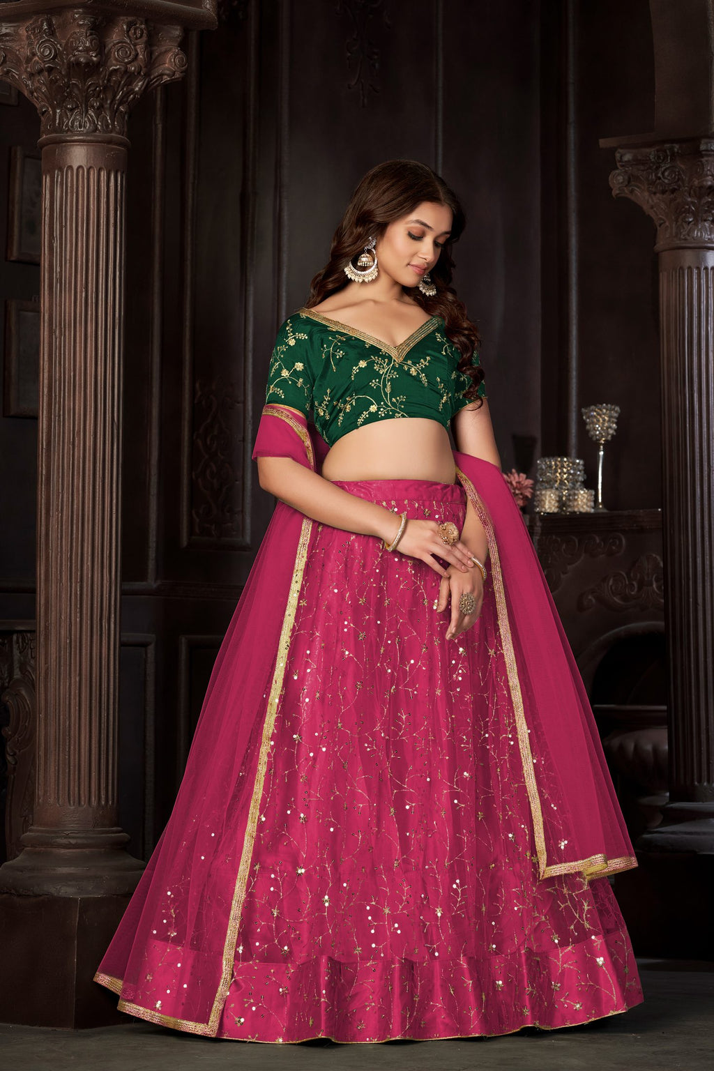 Royal Pink & Emerald Green Designer Wedding Wear Semi-Stitched Sequins Embroidery Lehenga Choli with Elegant Dupatta