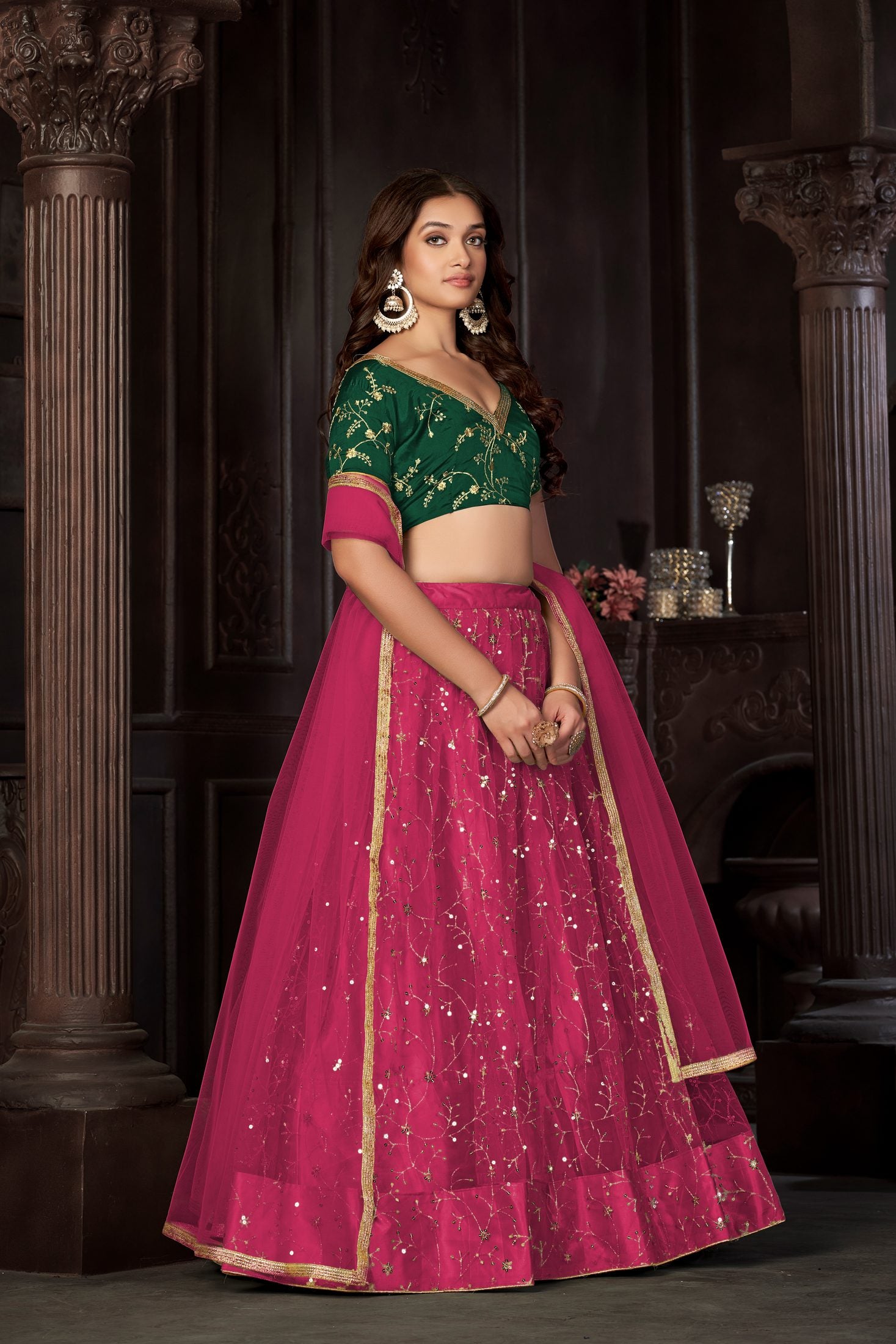 Royal Pink & Emerald Green Designer Wedding Wear Semi-Stitched Sequins Embroidery Lehenga Choli with Elegant Dupatta
