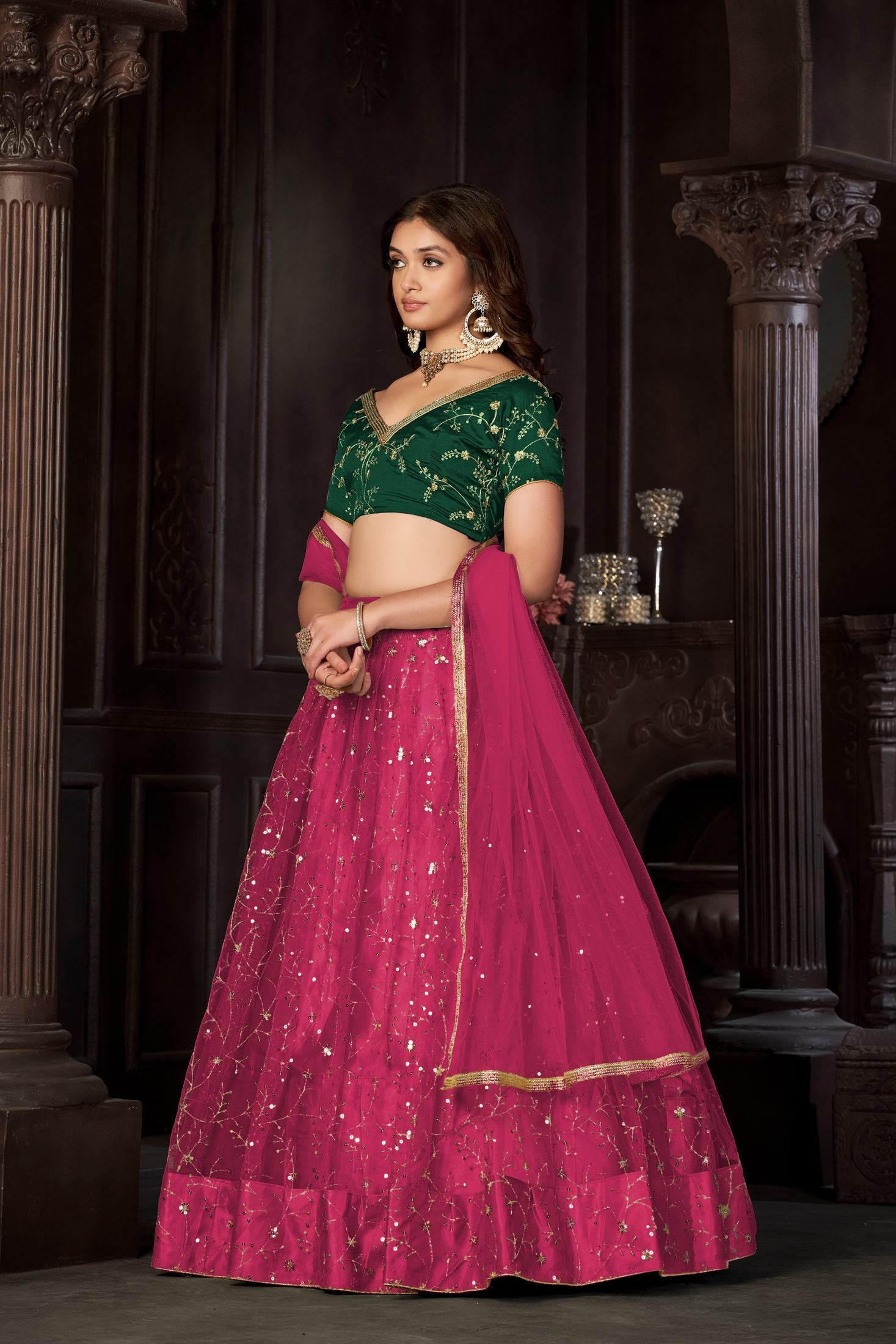 Royal Pink & Emerald Green Designer Wedding Wear Semi-Stitched Sequins Embroidery Lehenga Choli with Elegant Dupatta