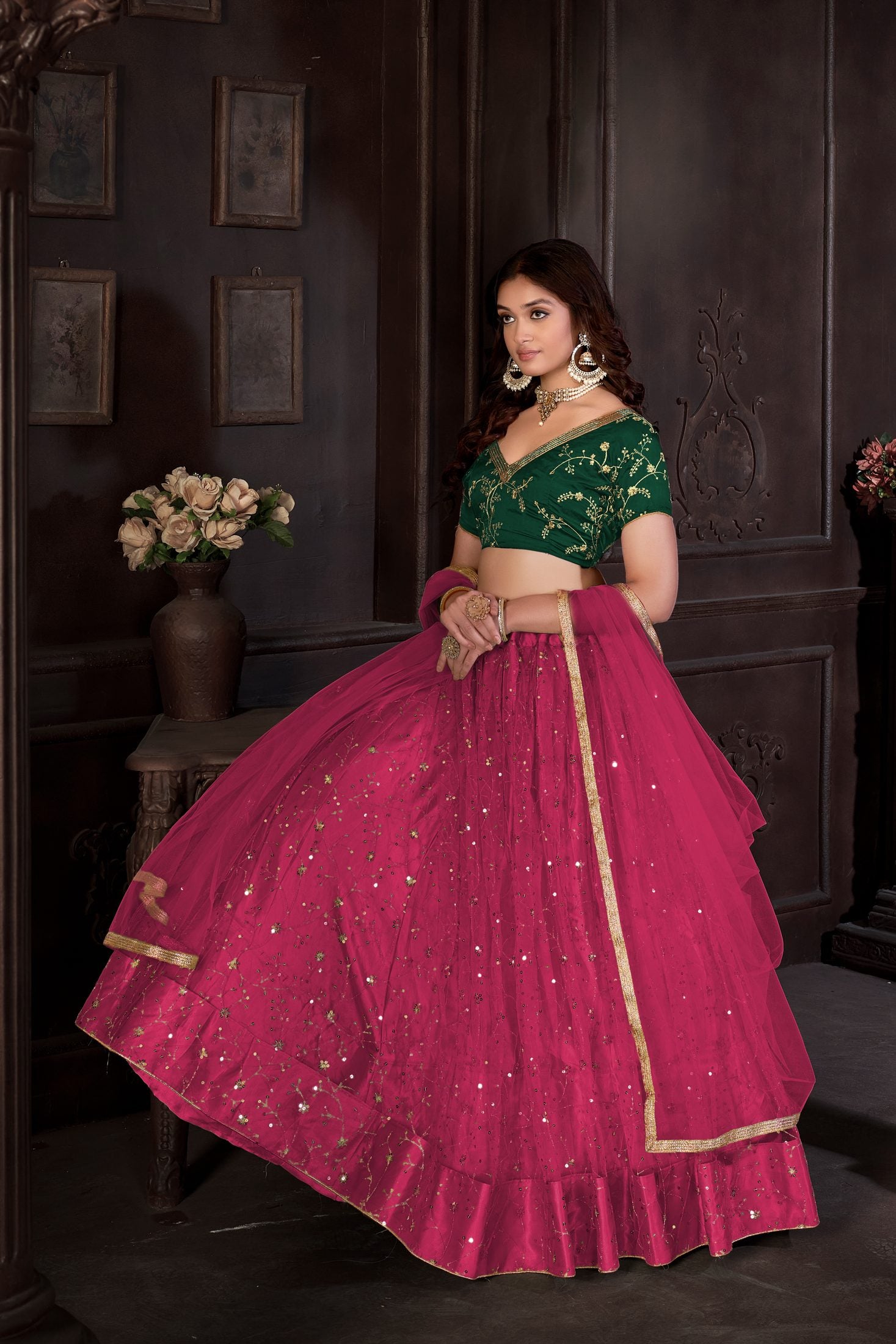 Royal Pink & Emerald Green Designer Wedding Wear Semi-Stitched Sequins Embroidery Lehenga Choli with Elegant Dupatta