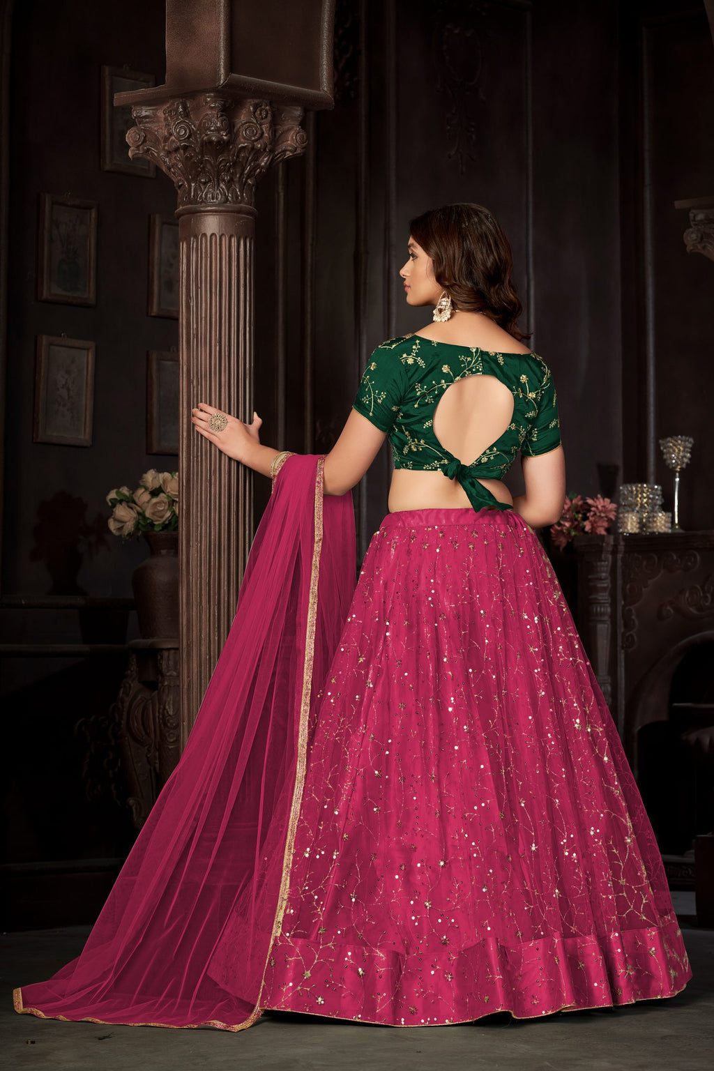 Royal Pink & Emerald Green Designer Wedding Wear Semi-Stitched Sequins Embroidery Lehenga Choli with Elegant Dupatta