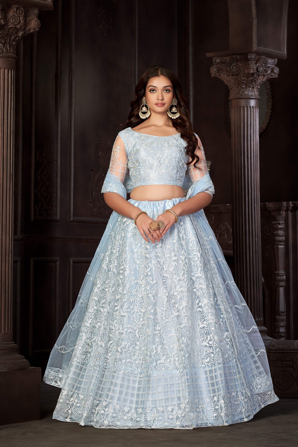 Elegant Ice Blue Thread Embroidered Wedding Wear Semi-Stitched Net Lehenga Choli with Designer Sheer Sleeve Work