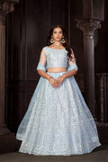 Elegant Ice Blue Thread Embroidered Wedding Wear Semi-Stitched Net Lehenga Choli with Designer Sheer Sleeve Work