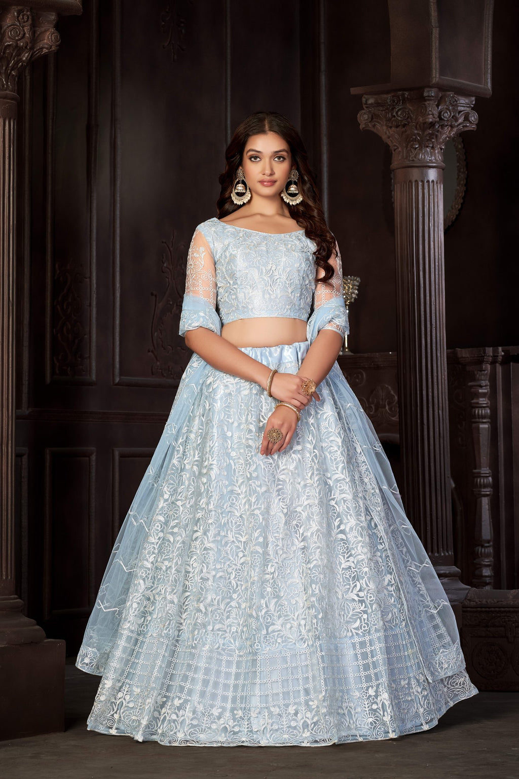 Elegant Ice Blue Thread Embroidered Wedding Wear Semi-Stitched Net Lehenga Choli with Designer Sheer Sleeve Work