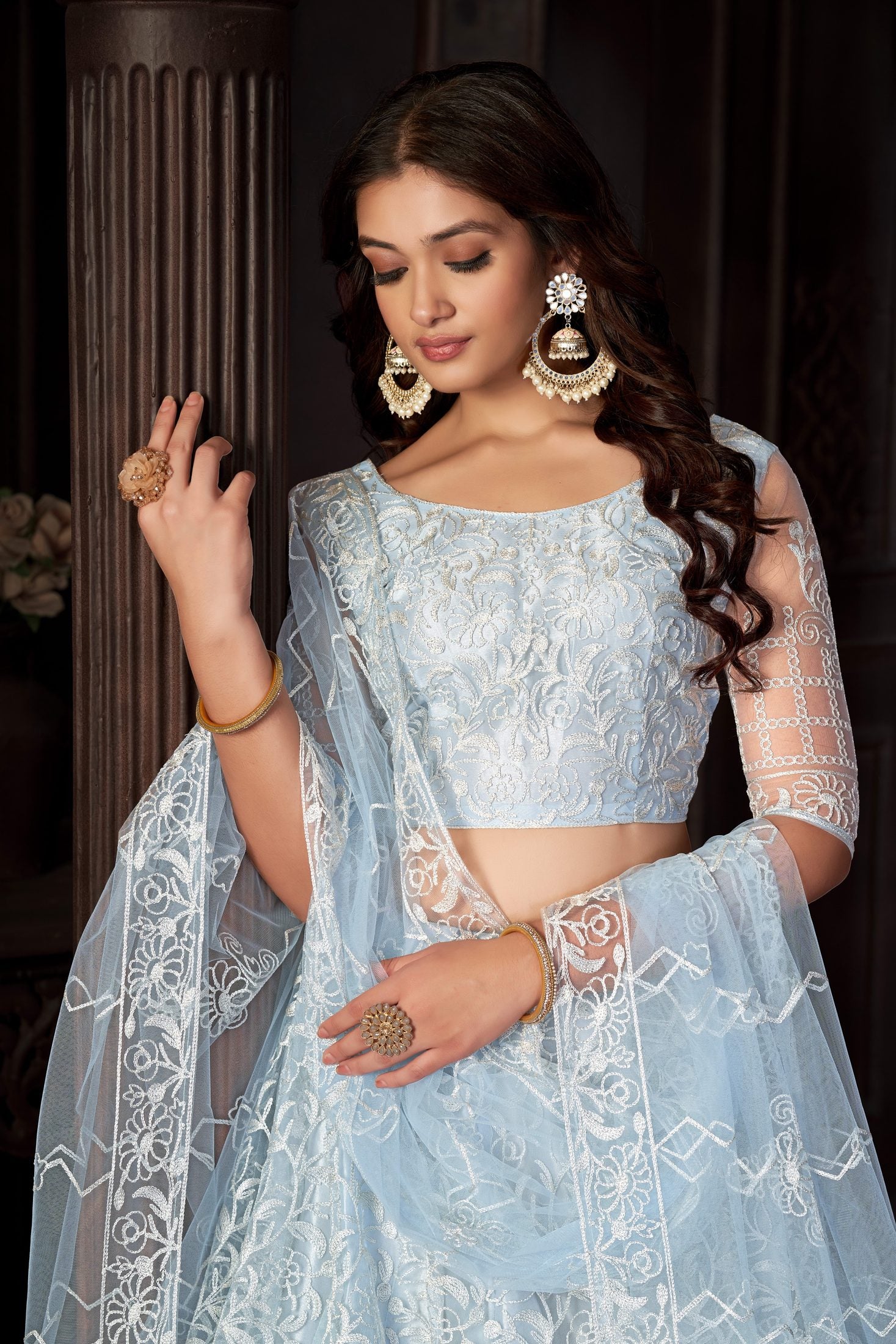 Elegant Ice Blue Thread Embroidered Wedding Wear Semi-Stitched Net Lehenga Choli with Designer Sheer Sleeve Work