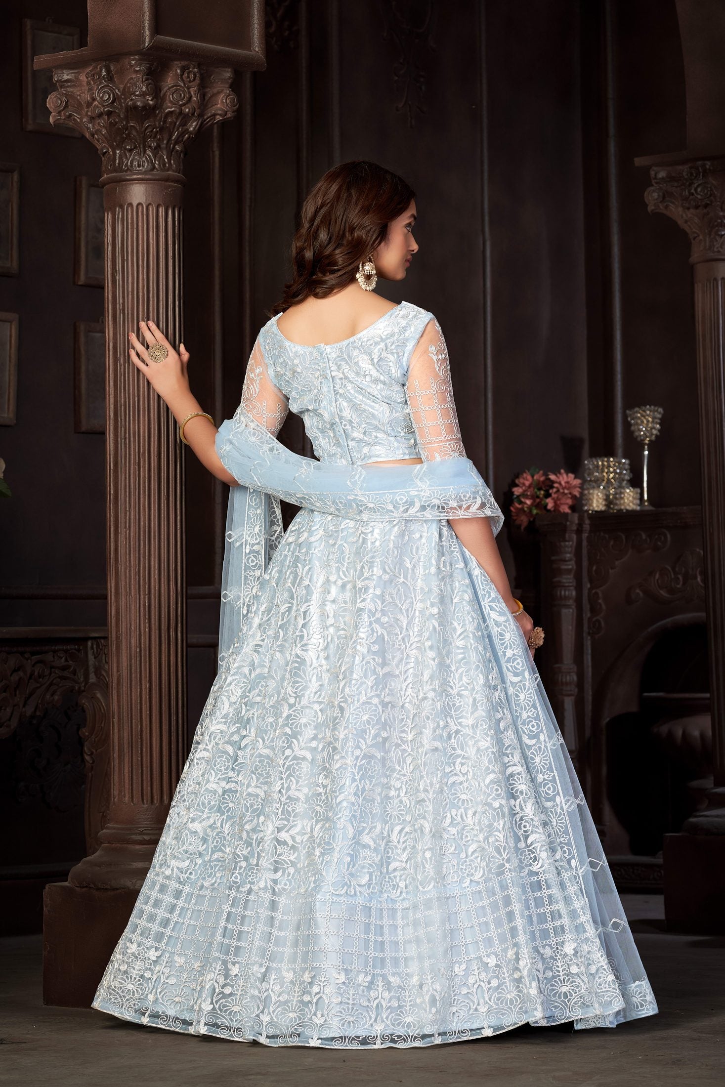 Elegant Ice Blue Thread Embroidered Wedding Wear Semi-Stitched Net Lehenga Choli with Designer Sheer Sleeve Work