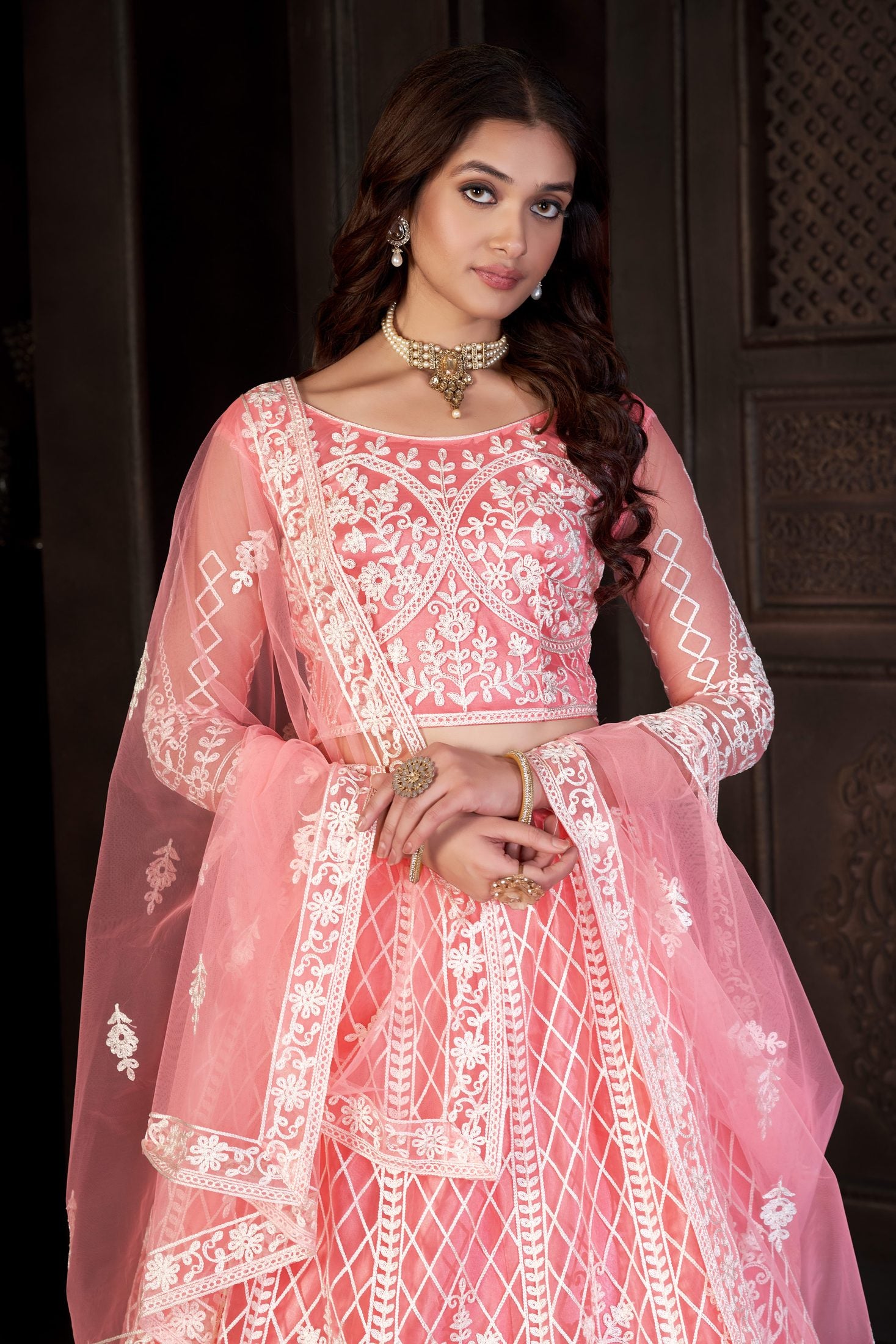 Peach Festive & Wedding Wear Semi-Stitched Net Lehenga Choli with Heavy Floral & Geometric Thread Embroidery Work