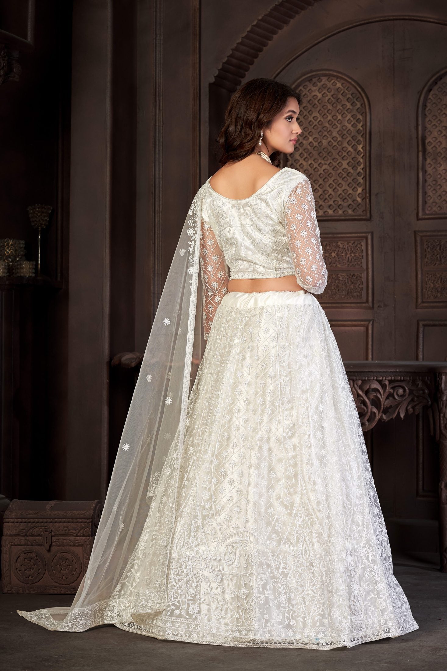 Elegant Off-White Bridal & Wedding Wear Semi-Stitched Net Lehenga Choli with Intricate Floral Thread Embroidery Work