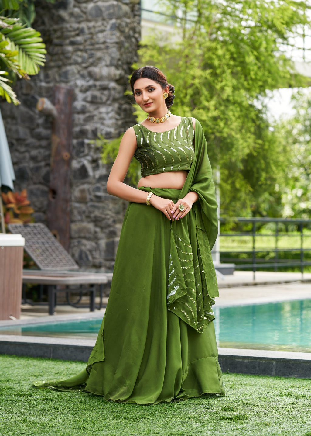 Elegant Olive Green Wedding Wear Semi-Stitched Rangoli Silk Lehenga Choli with Thread Embroidery Work