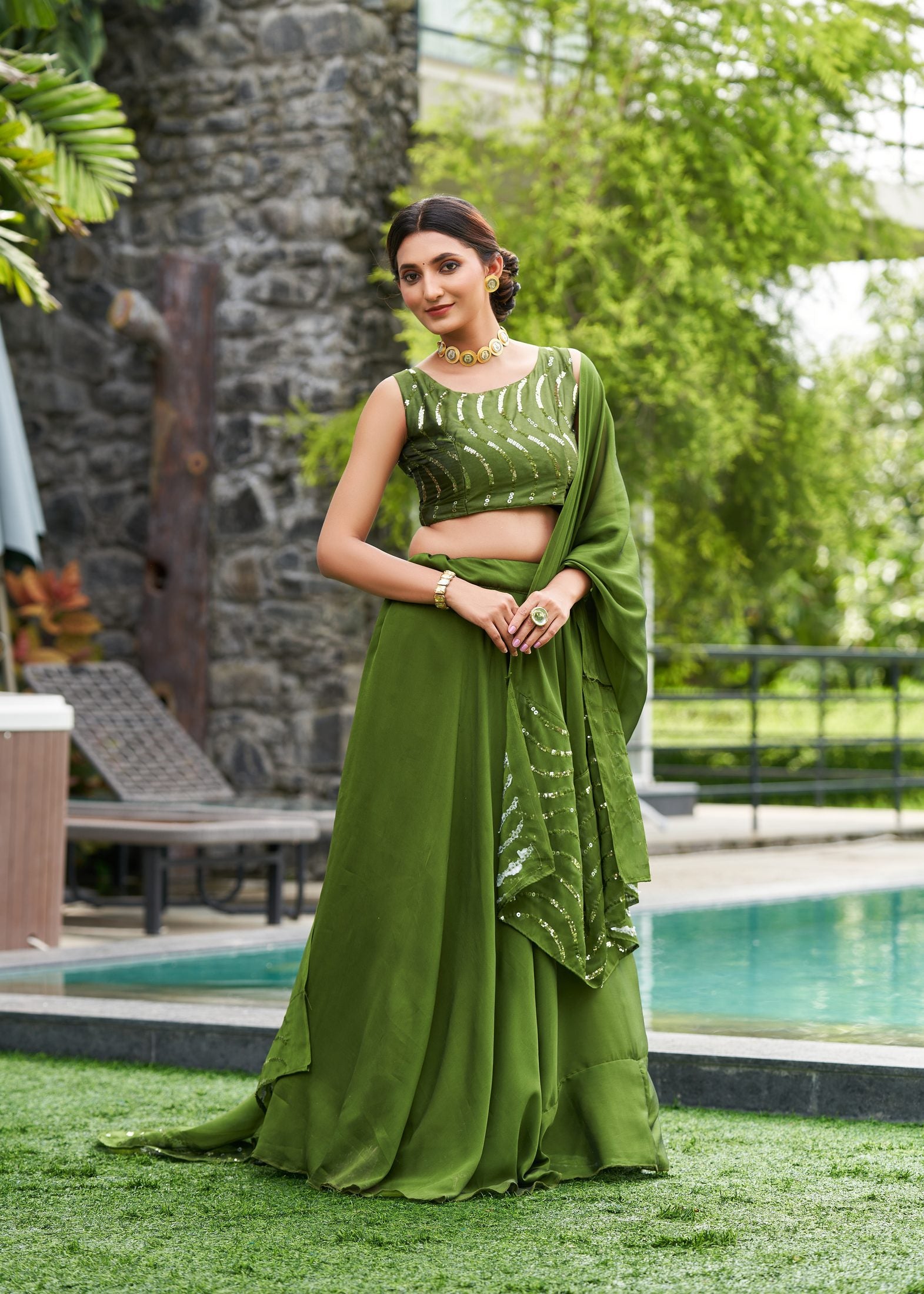 Elegant Olive Green Wedding Wear Semi-Stitched Rangoli Silk Lehenga Choli with Thread Embroidery Work