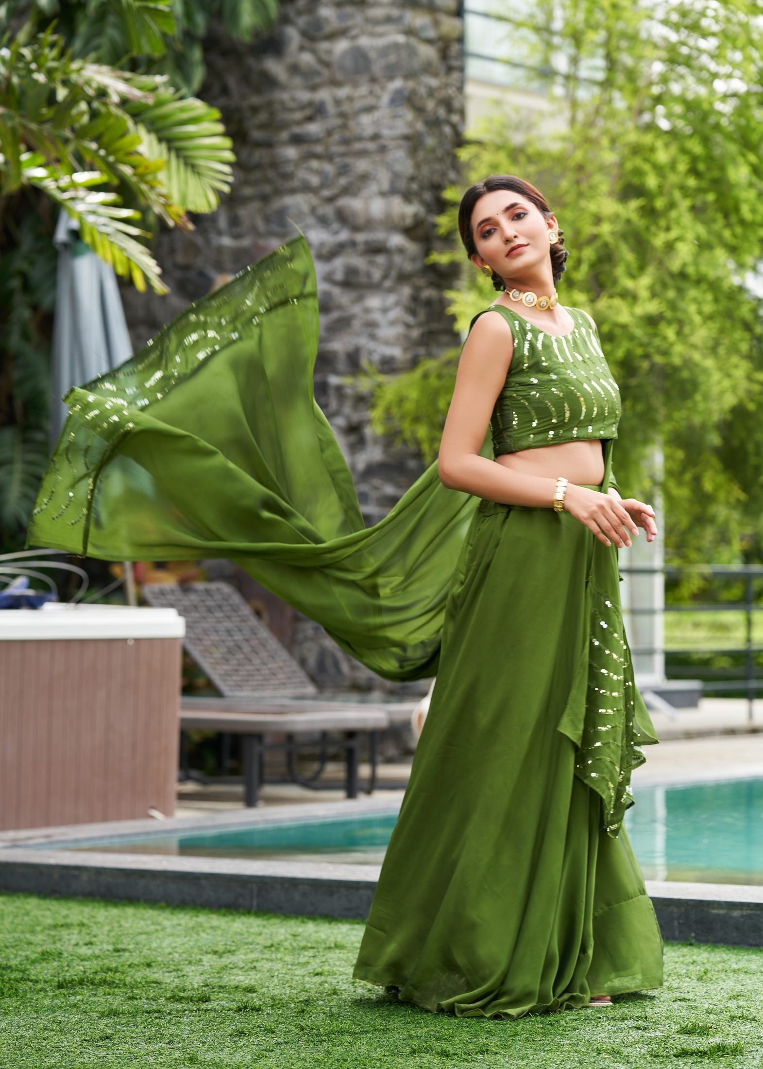 Elegant Olive Green Wedding Wear Semi-Stitched Rangoli Silk Lehenga Choli with Thread Embroidery Work