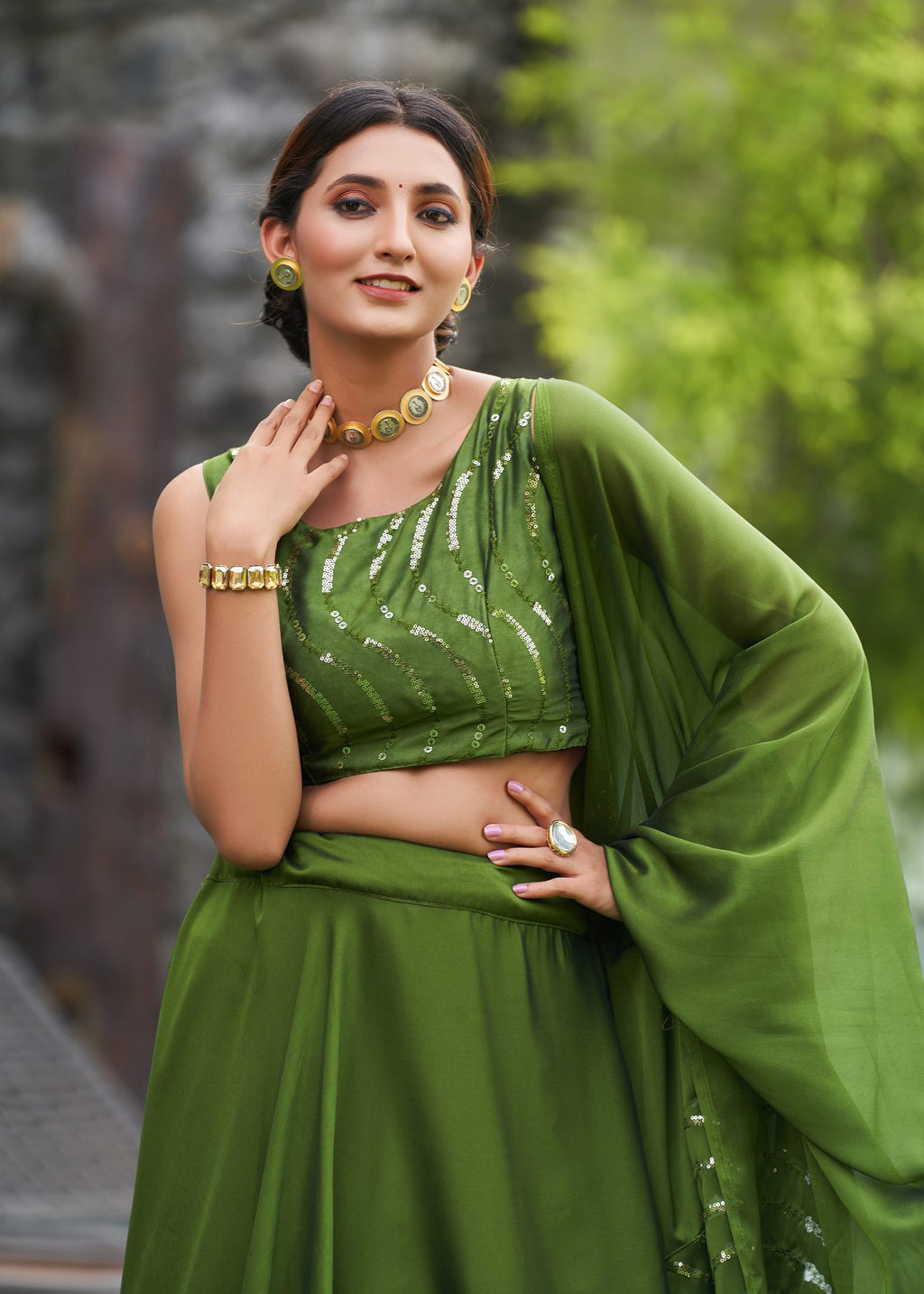 Elegant Olive Green Wedding Wear Semi-Stitched Rangoli Silk Lehenga Choli with Thread Embroidery Work
