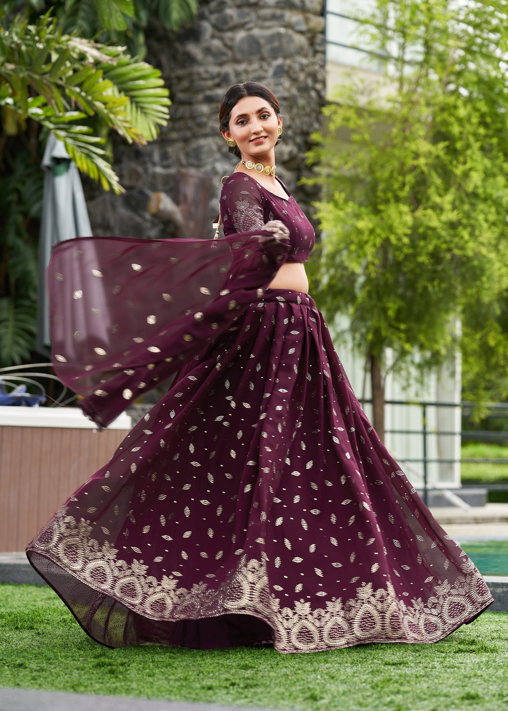 Wine Purple Festive & Party Wear Semi-Stitched Georgette Ornamental Border Lehenga Choli with Designer Butti Work Dupatta