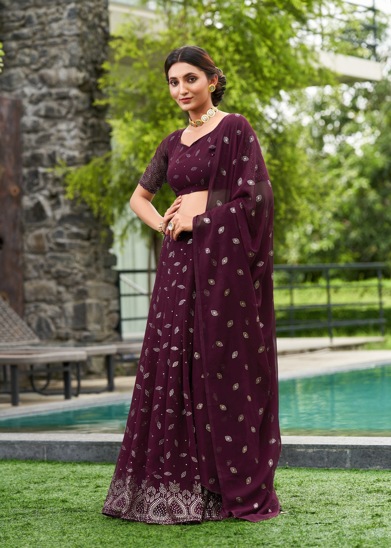 Wine Purple Festive & Party Wear Semi-Stitched Georgette Ornamental Border Lehenga Choli with Designer Butti Work Dupatta