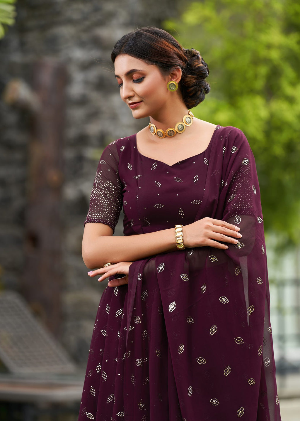Wine Purple Festive & Party Wear Semi-Stitched Georgette Ornamental Border Lehenga Choli with Designer Butti Work Dupatta