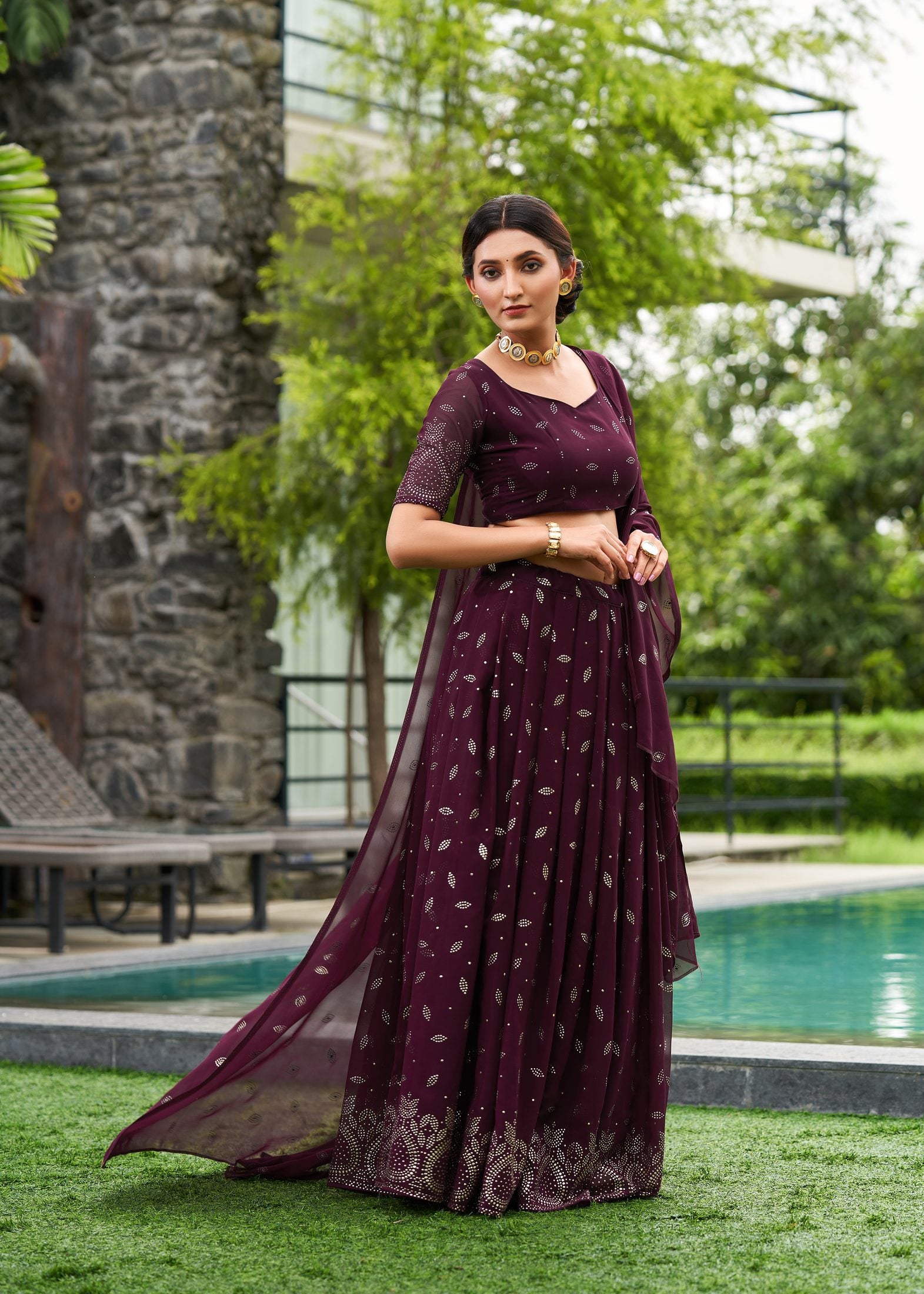 Wine Purple Festive & Party Wear Semi-Stitched Georgette Ornamental Border Lehenga Choli with Designer Butti Work Dupatta