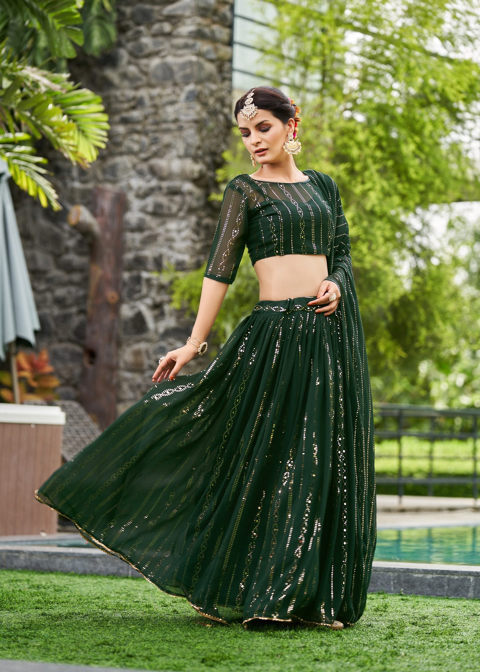 Elegant Dark Green Festive & Party Wear Semi-Stitched Georgette Lehenga Choli with Designer Vertical Work Dupatta