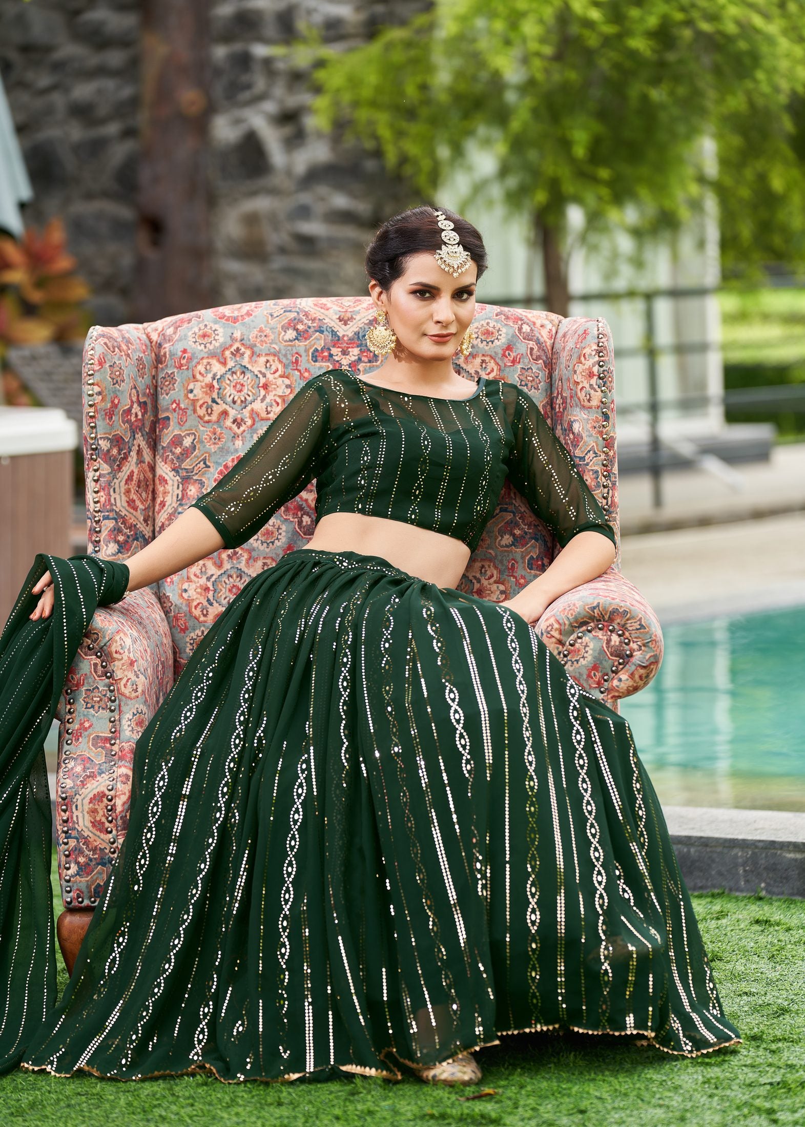 Elegant Dark Green Festive & Party Wear Semi-Stitched Georgette Lehenga Choli with Designer Vertical Work Dupatta