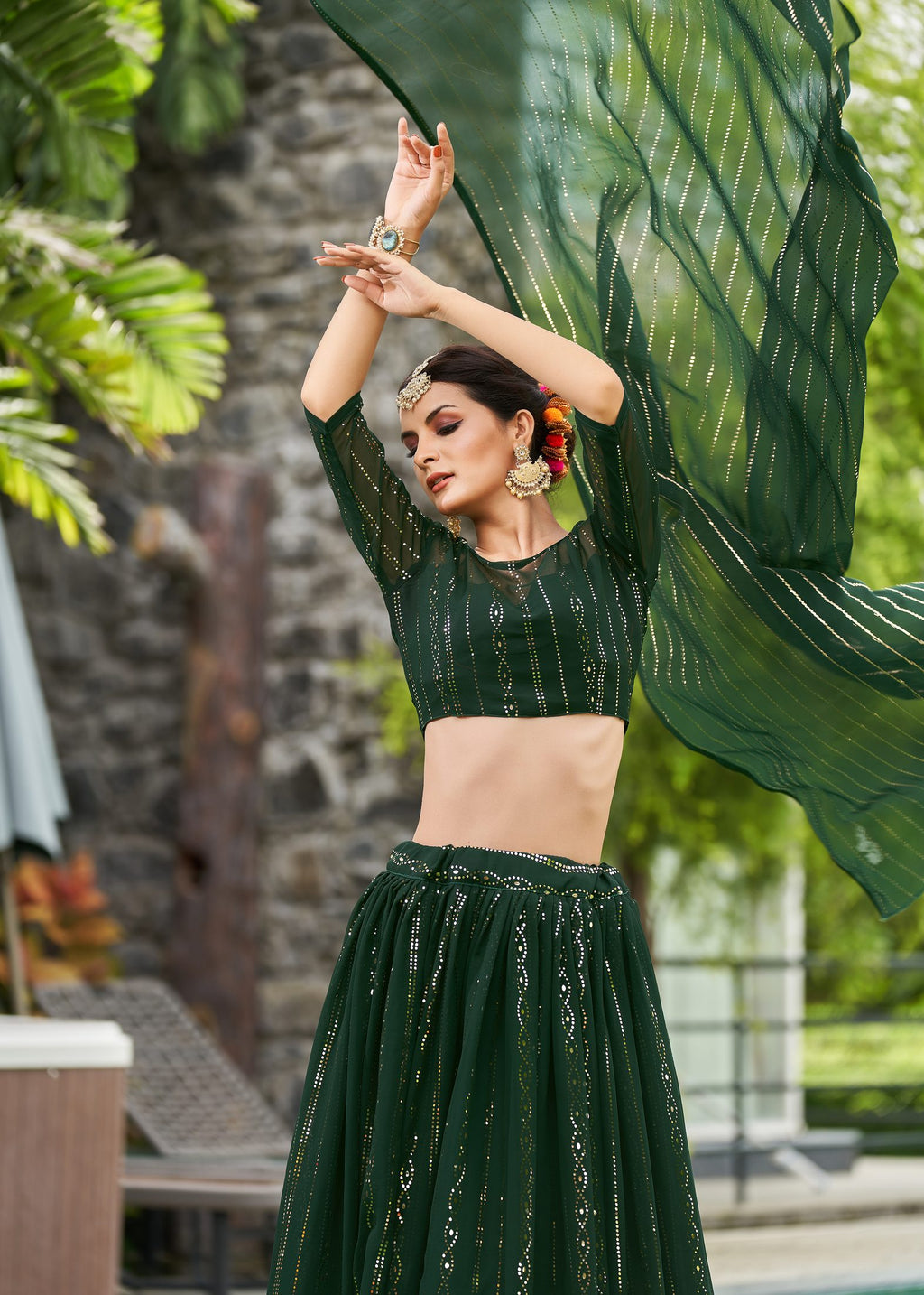 Elegant Dark Green Festive & Party Wear Semi-Stitched Georgette Lehenga Choli with Designer Vertical Work Dupatta