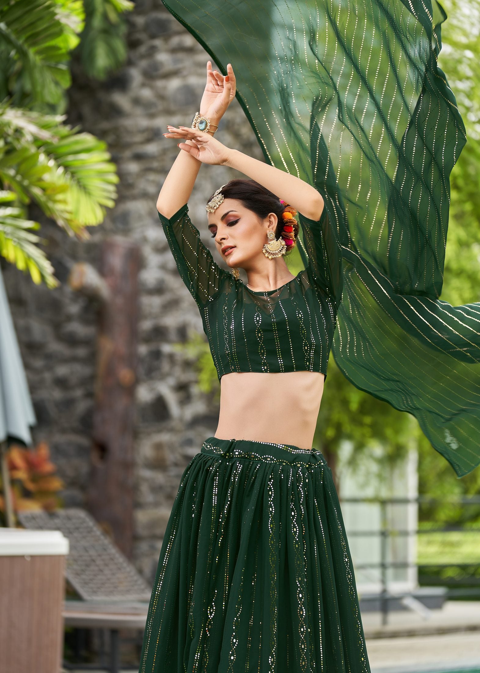 Elegant Dark Green Festive & Party Wear Semi-Stitched Georgette Lehenga Choli with Designer Vertical Work Dupatta