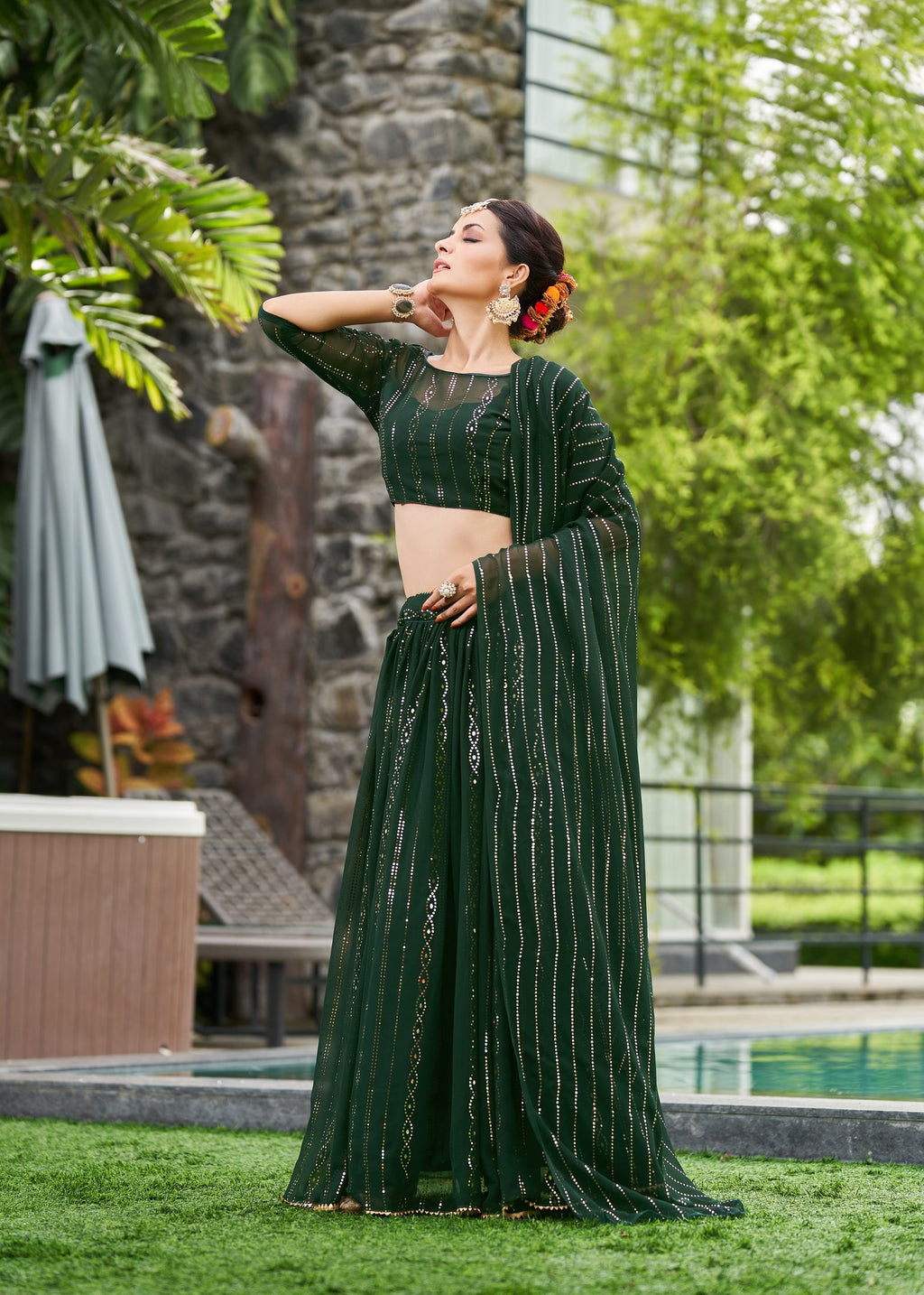 Elegant Dark Green Festive & Party Wear Semi-Stitched Georgette Lehenga Choli with Designer Vertical Work Dupatta
