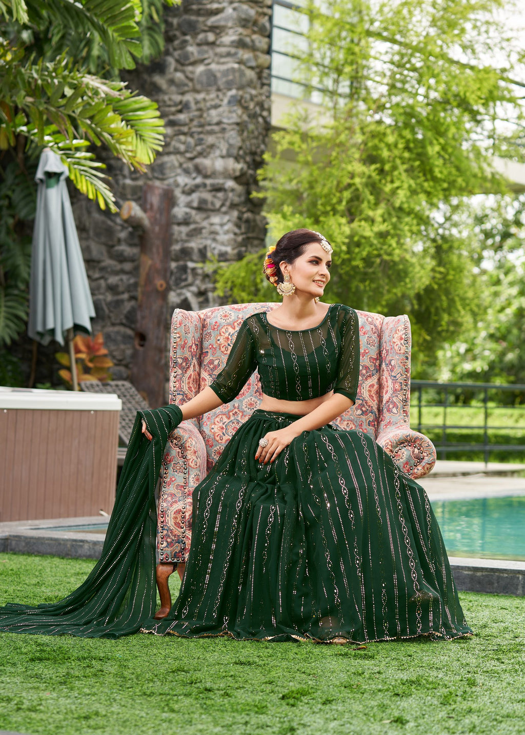 Elegant Dark Green Festive & Party Wear Semi-Stitched Georgette Lehenga Choli with Designer Vertical Work Dupatta