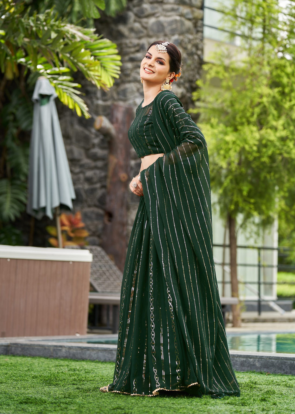 Elegant Dark Green Festive & Party Wear Semi-Stitched Georgette Lehenga Choli with Designer Vertical Work Dupatta