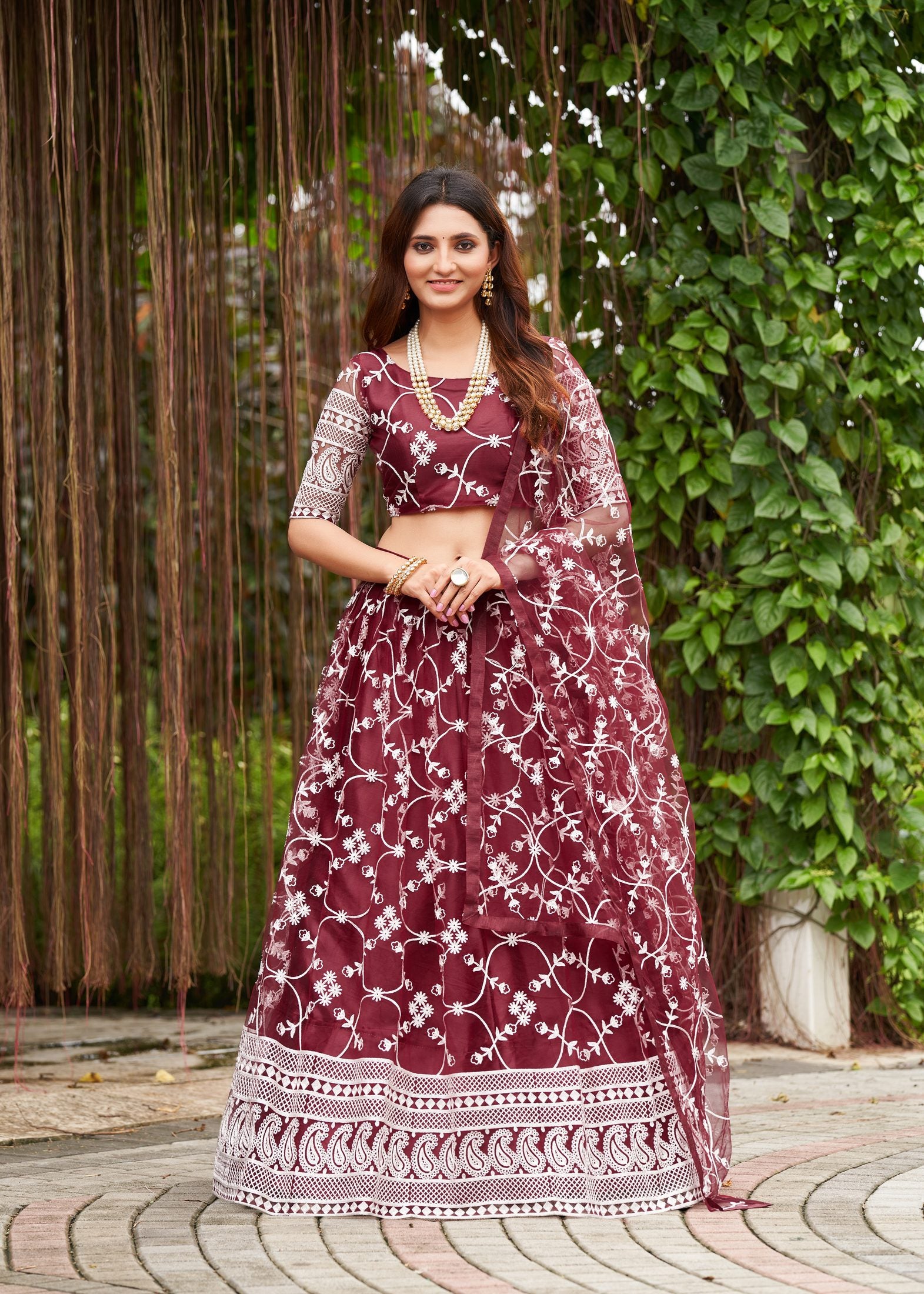 Classic Wine Floral Embroidered Festive & Party Wear Semi-Stitched Georgette Lehenga Choli with Designer Dupatta Work