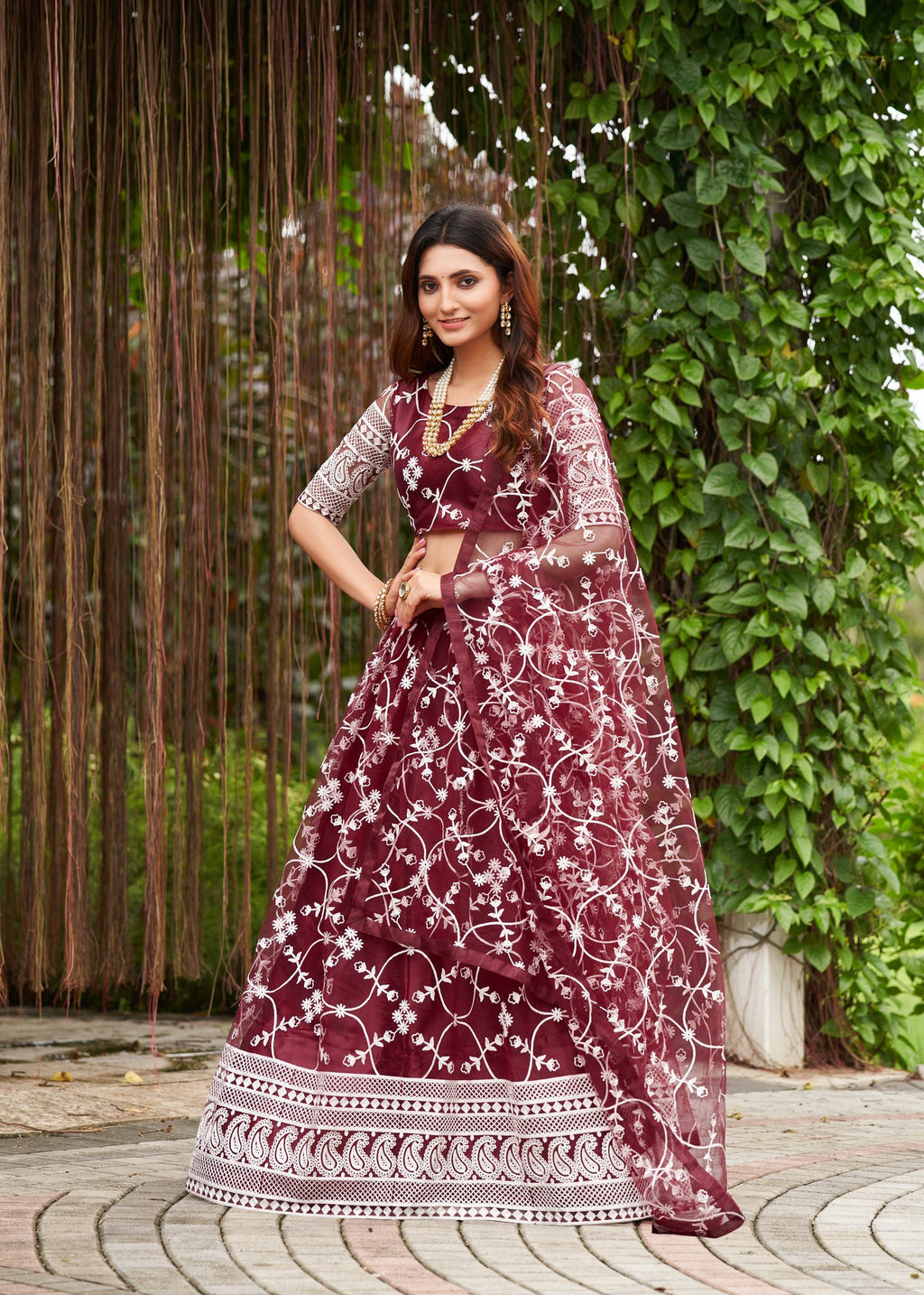 Classic Wine Floral Embroidered Festive & Party Wear Semi-Stitched Georgette Lehenga Choli with Designer Dupatta Work