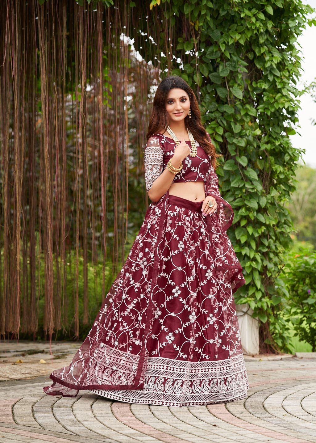 Classic Wine Floral Embroidered Festive & Party Wear Semi-Stitched Georgette Lehenga Choli with Designer Dupatta Work