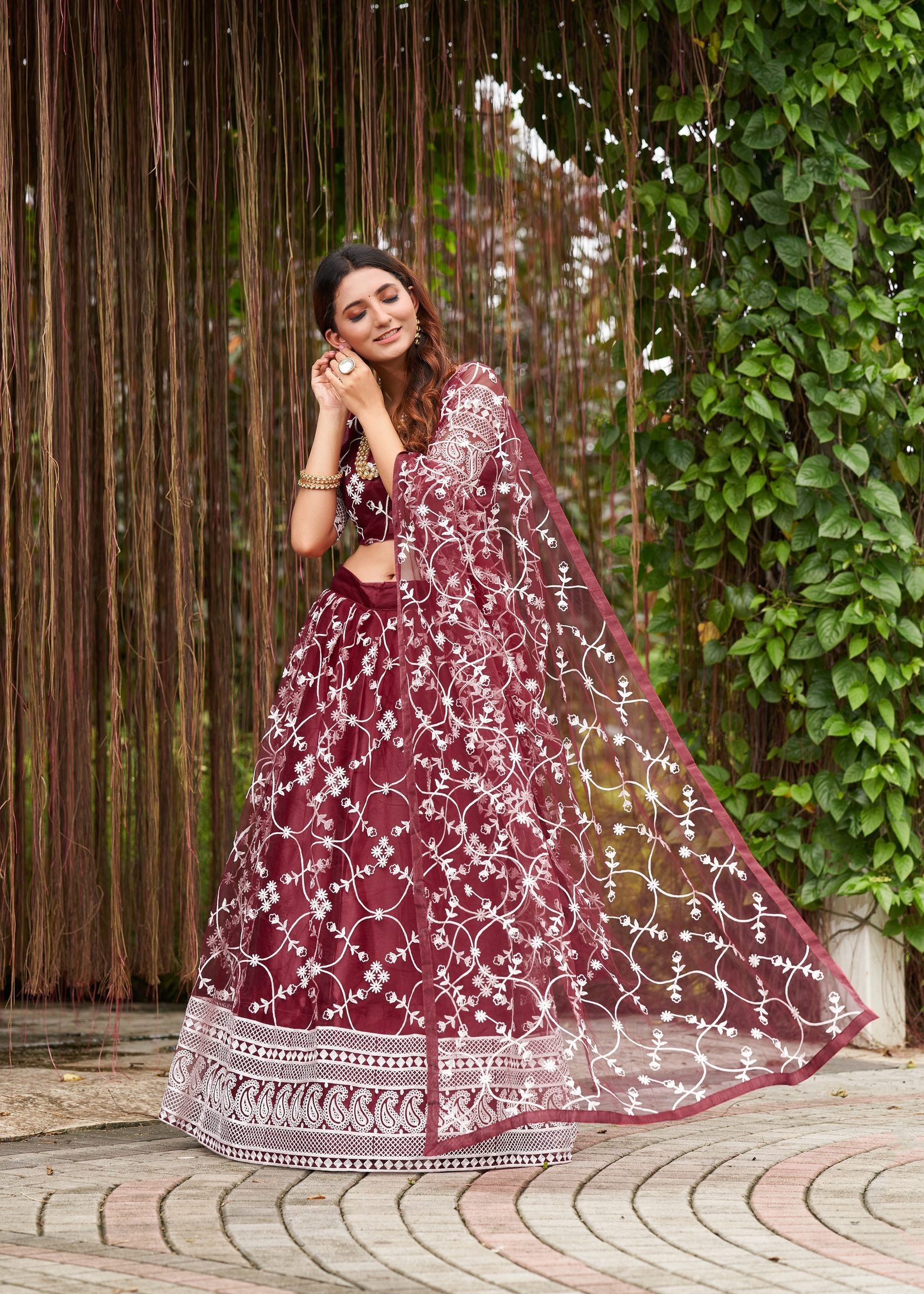Classic Wine Floral Embroidered Festive & Party Wear Semi-Stitched Georgette Lehenga Choli with Designer Dupatta Work