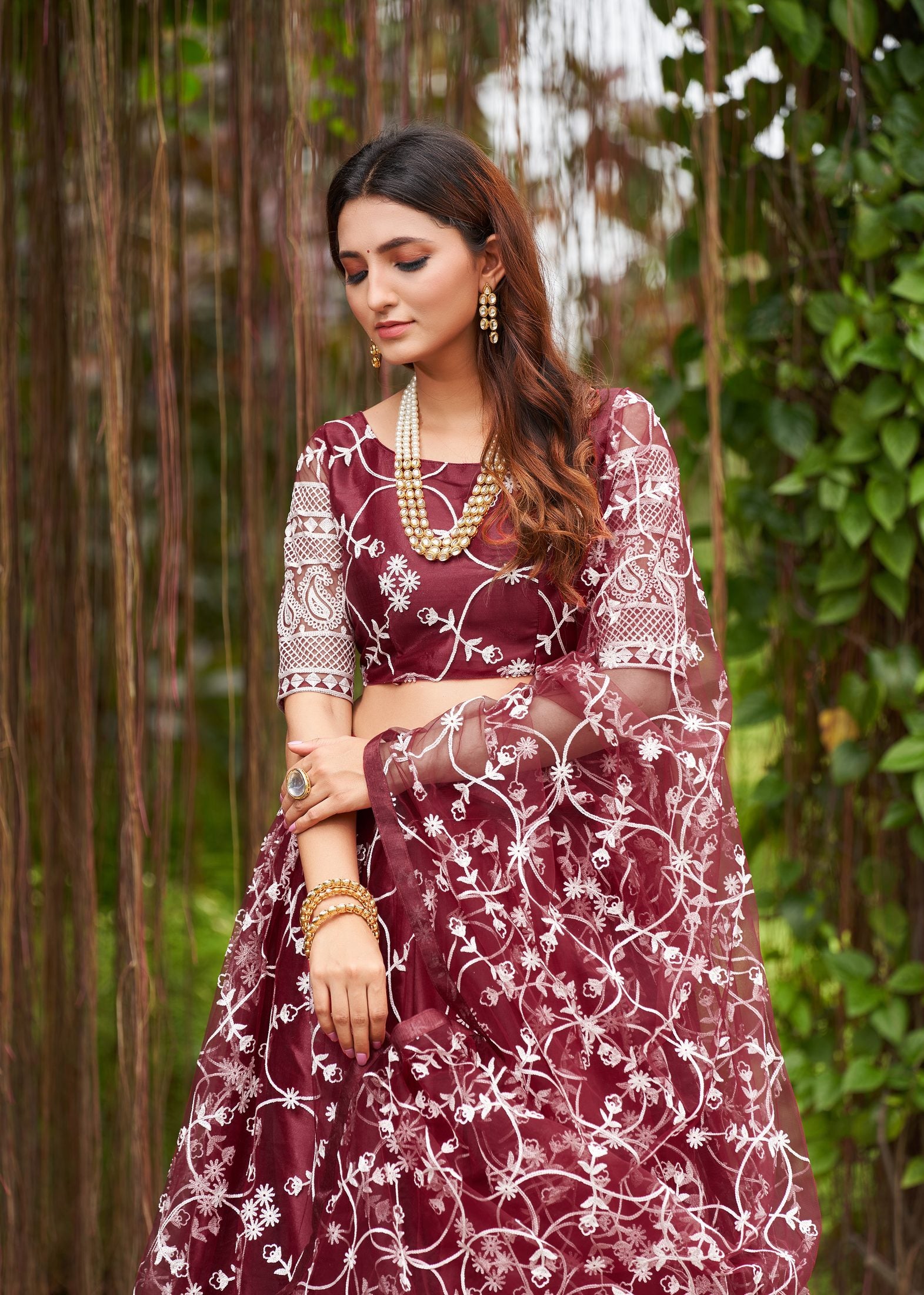 Classic Wine Floral Embroidered Festive & Party Wear Semi-Stitched Georgette Lehenga Choli with Designer Dupatta Work