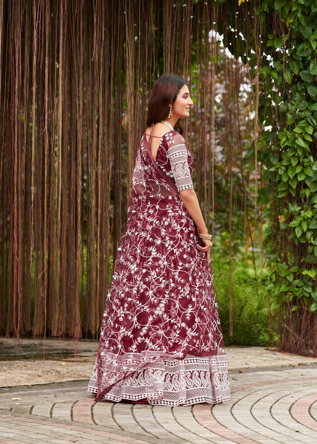Classic Wine Floral Embroidered Festive & Party Wear Semi-Stitched Georgette Lehenga Choli with Designer Dupatta Work