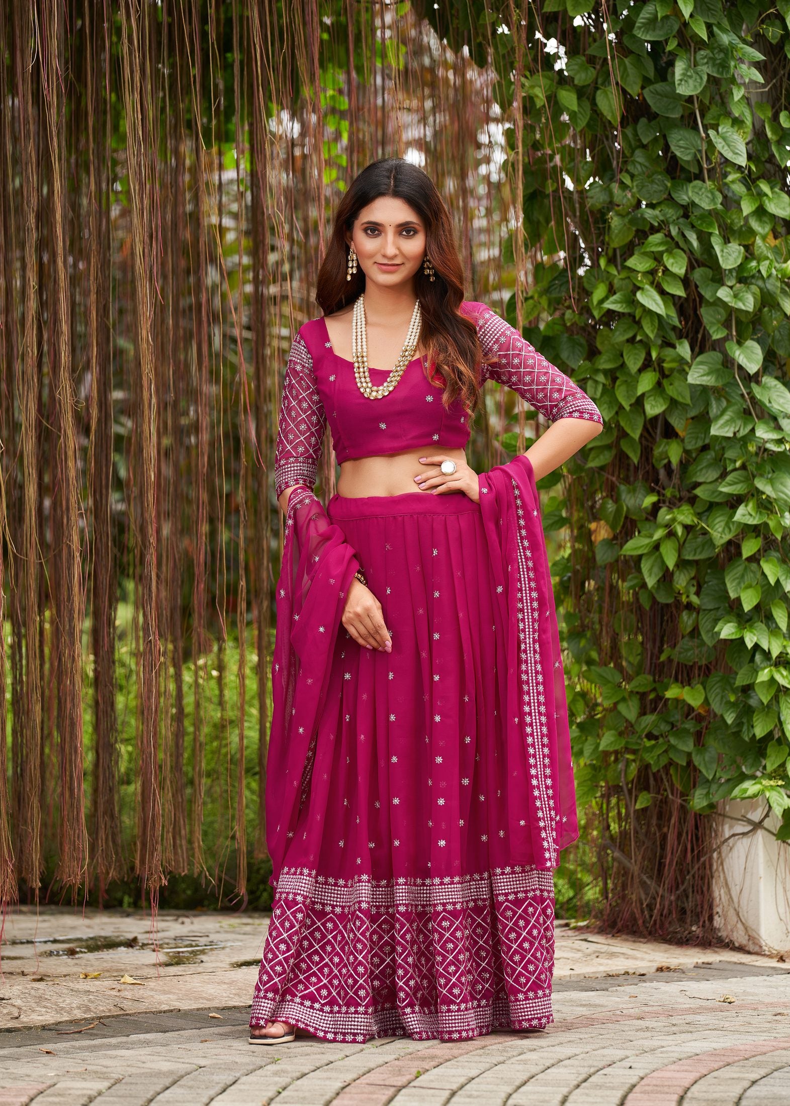 Classic Rani Pink Embroidered Festive & Party Wear Semi-Stitched Georgette Lehenga Choli with Elegant Dupatta Work