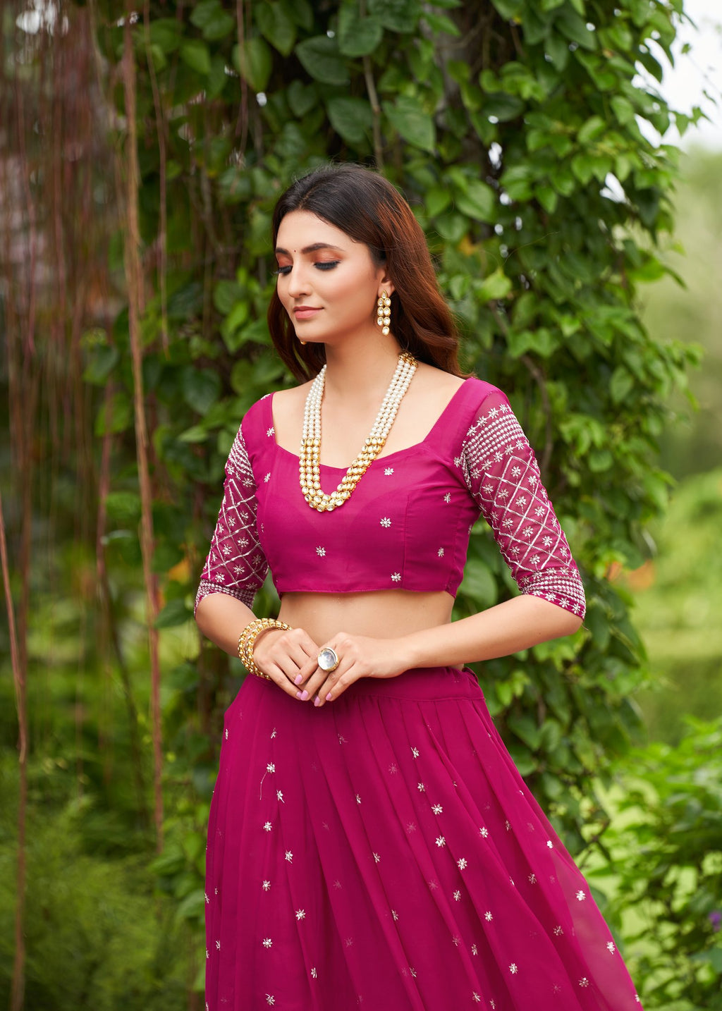 Classic Rani Pink Embroidered Festive & Party Wear Semi-Stitched Georgette Lehenga Choli with Elegant Dupatta Work