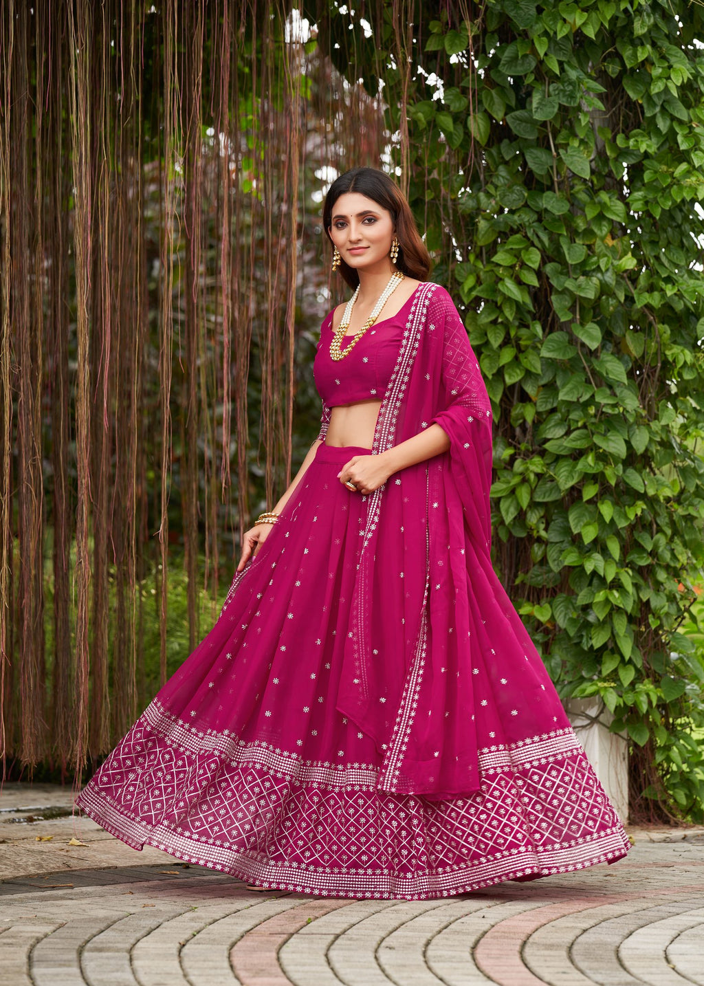 Classic Rani Pink Embroidered Festive & Party Wear Semi-Stitched Georgette Lehenga Choli with Elegant Dupatta Work