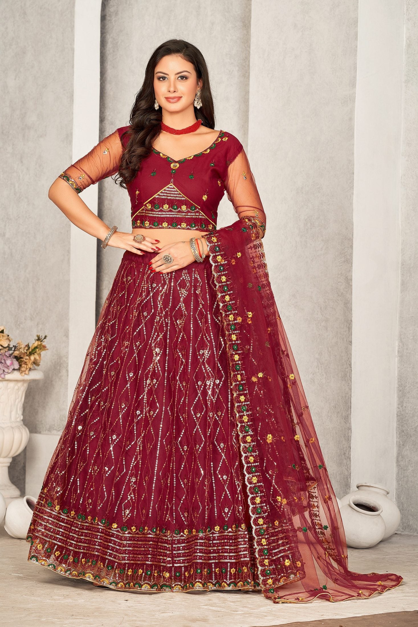 Classic Maroon Sequin Embellished Festive & Party Wear Semi-Stitched Georgette Lehenga Choli with Heavy Dupatta Work