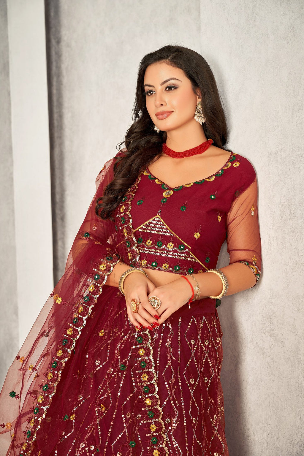Classic Maroon Sequin Embellished Festive & Party Wear Semi-Stitched Georgette Lehenga Choli with Heavy Dupatta Work