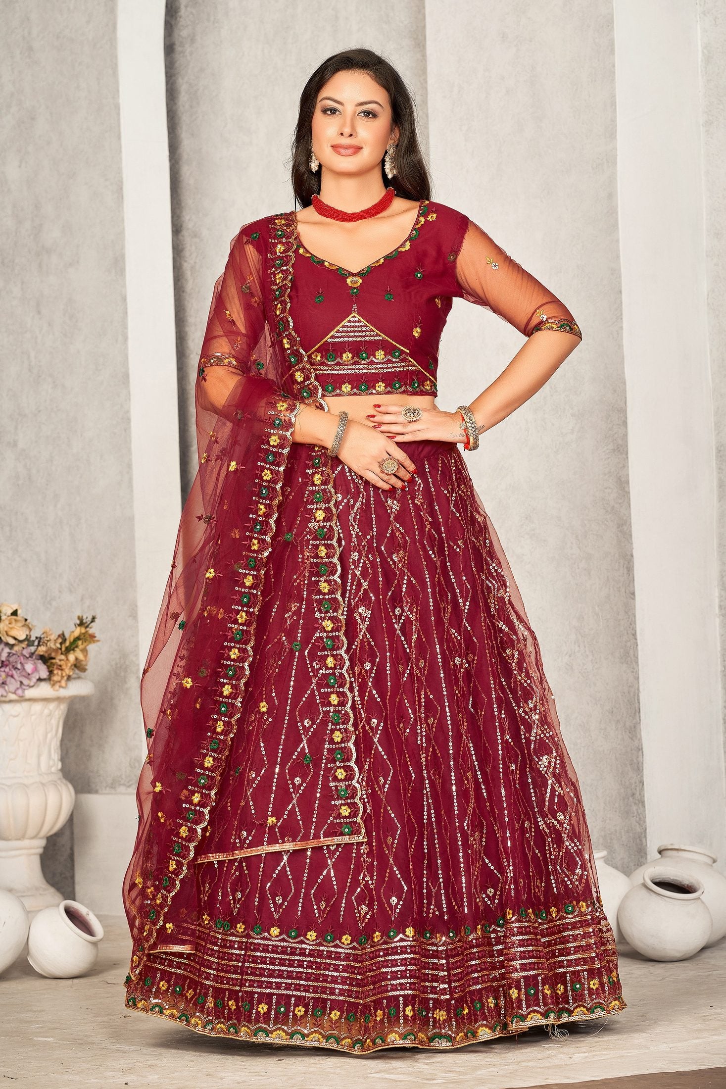 Classic Maroon Sequin Embellished Festive & Party Wear Semi-Stitched Georgette Lehenga Choli with Heavy Dupatta Work