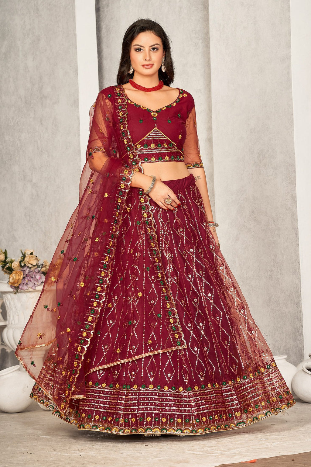 Classic Maroon Sequin Embellished Festive & Party Wear Semi-Stitched Georgette Lehenga Choli with Heavy Dupatta Work