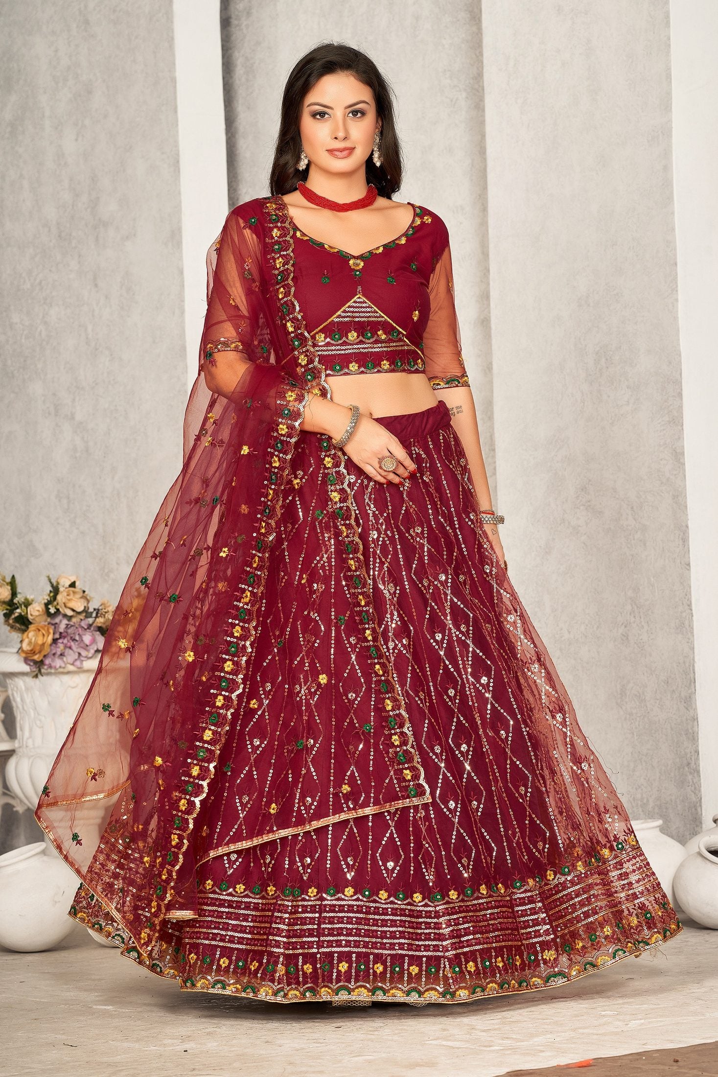 Classic Maroon Sequin Embellished Festive & Party Wear Semi-Stitched Georgette Lehenga Choli with Heavy Dupatta Work